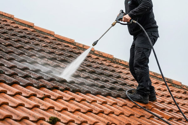 Opération de démoussage et application d'un traitement hydrofuge de protection sur une toiture de maison individuelle à Kervignac