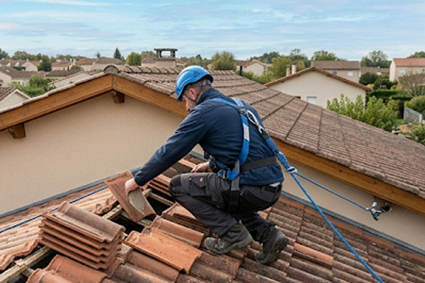 Artisan couvreur qualifié en train de remplacer des tuiles cassées lors de travaux de maintenance de toiture à Kervignac